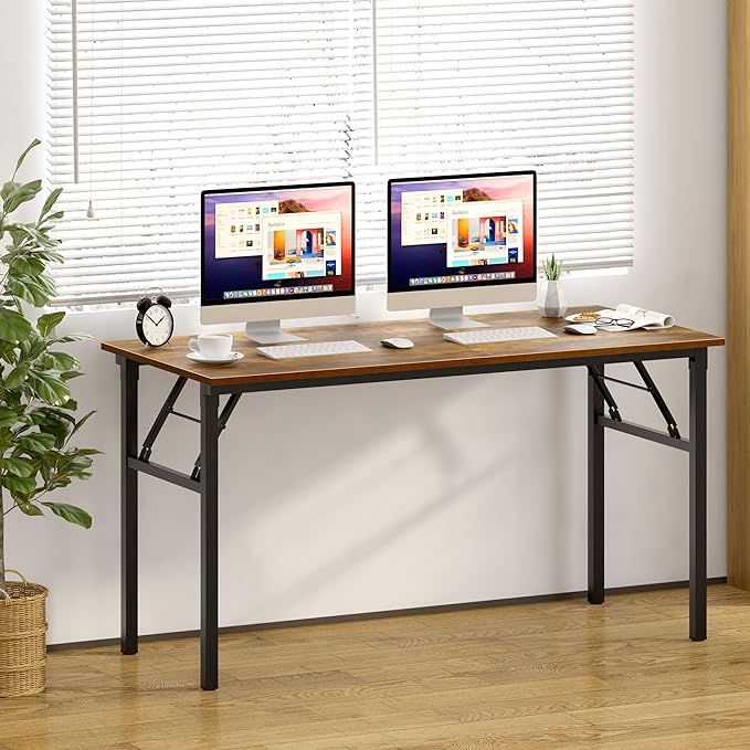 SogesGame Folding Desk 60 inch Large Foldable Computer Desks Workstation Writing Table for Bedroom Home Office Dorm Apartment Kids Adults No Install Needed Rustic Brown