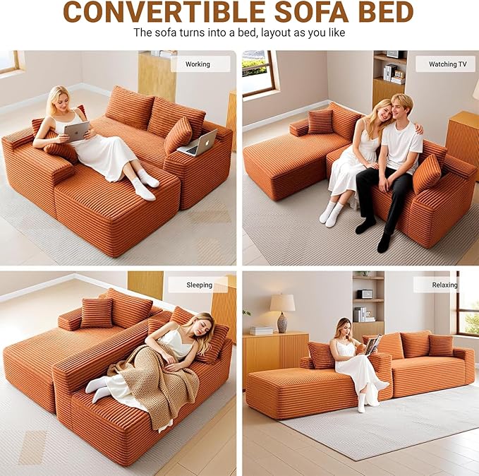 108 Cloud Sectional Couch Modern Boneless Couch with L-Shape Chaise Deep Seat Modular Sectional Sofa Corduroy Corner Couches for Living RoomNo Assembly Required (Orange Right Facing Chaise)