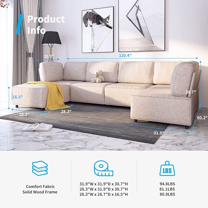 Mjkone 120'' Modular Sectional Sofa Couch U-Shaped Convertible Sofas with 2 Reversible Ottomans 6 Seat Modern Linen Fabric Sofa Couches with High Resilience Cushions for Living Room Home Beige