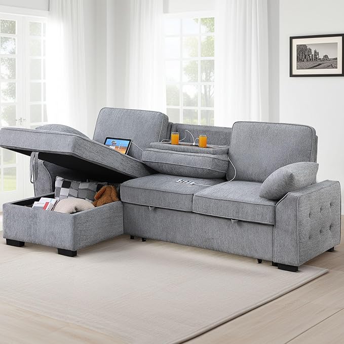 ERYE L-Shaped Pull Out Sleeper Couch Bed Modern Chenille Upholstered Button Tufted Corner Couch Reversible Sectional Sleeper Sofa Bed W/Storage Chaise Cup Holders