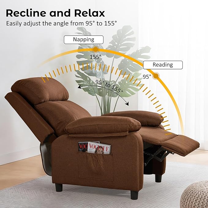 Recliner Chair Reading Chair for Adults with Side Pockets Recliners with Padded Deep Seat Small Recliners for Small Spaces Linen Fabric Comfy Chair for Bedroom Living Room and RV