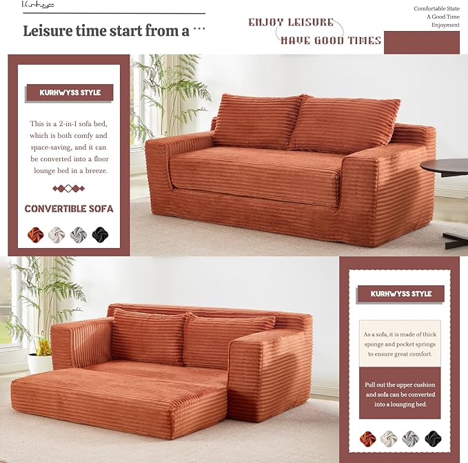 Folding Sofa Bed with Memory Foam Convertible Floor Sleeper Sofa 72 Pull Out Couch Bed with Steel Frame Modern Compressed Couch for Living Room Bedroom Apartment No Assembly (Corduroy Orange)