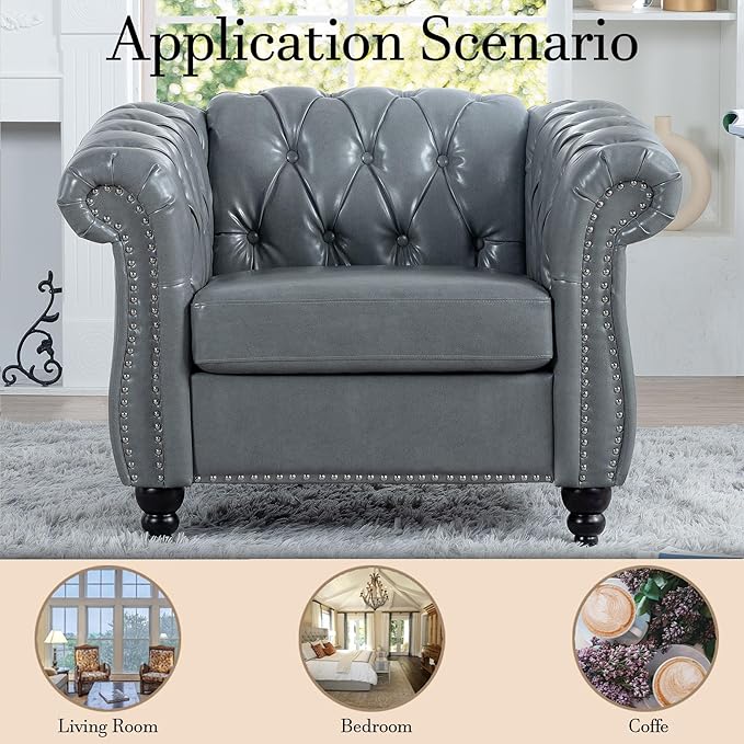 Oversized Chesterfield Chair PU Leather Accent Chair with Tufted Back Club Chair for Living Room Bedroom Gothic Victorian (Grey)