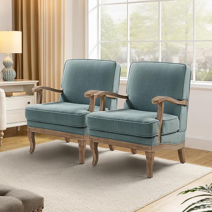 HULALA HOME Mid-Century Modern Accent Chairs Set of 2 Upholstered Lounge Arm Chair with Solid Wood Legs and Armrest Removable Cushion Comfy Reading Armchair for Living Room Bedroom Balcony Blue
