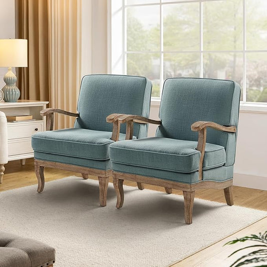 HULALA HOME Mid-Century Modern Accent Chairs Set of 2 Upholstered Lounge Arm Chair with Solid Wood Legs and Armrest Removable Cushion Comfy Reading Armchair for Living Room Bedroom Balcony Blue