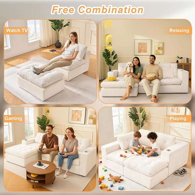 105 L Shaped Modular Sectional Sofa with OttomanCloud Boneless Couches for Living RoomCorduroy Comfy Couch with Chaise and Cup HolderUpholstered Sofa in A Box No AssemblyBeige