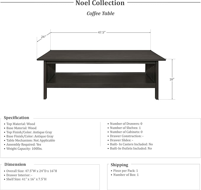 Lexicon Noel 3-Piece Coffee Table Set Antique Gray