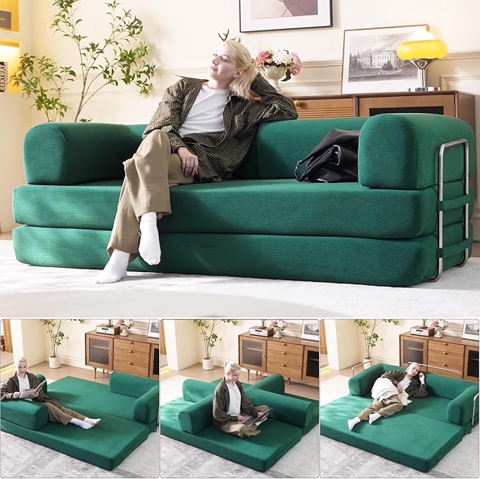 79'' Convertible Sleeper Sofa Bed 3-in-1 Foldable Floor Couch with Corduroy Upholstery No Assembly Loveseat Light Brown Lounge Mattress for Living Room Studio Guest Room (Light Green)