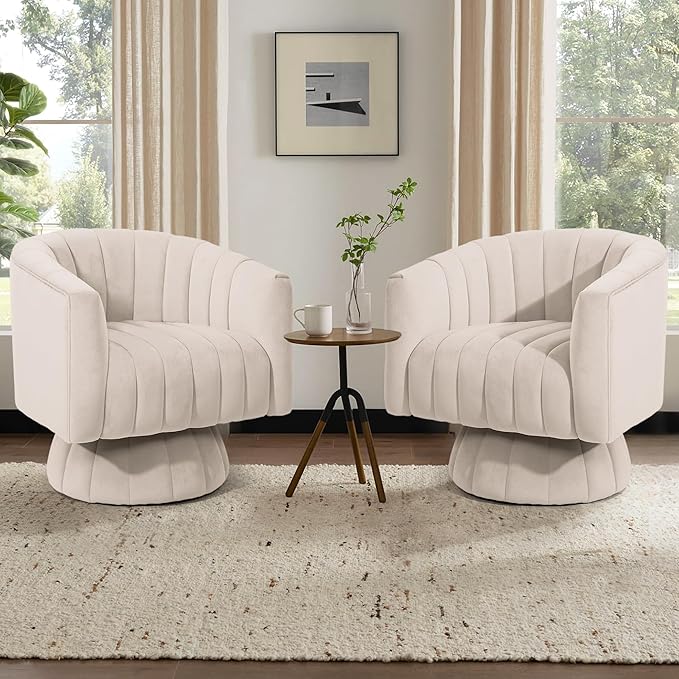 Kromax Swivel Accent Chair with Armrest Set of 2 Mid Century 360 Degree Swivel Barrel Chair Overstuffed Tufted Velvet Ideal for Living Room Bedroom Reading Room Beige