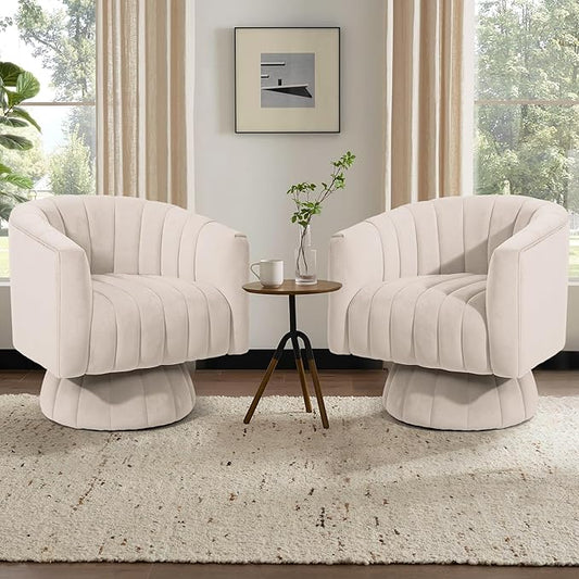 Kromax Swivel Accent Chair with Armrest Set of 2 Mid Century 360 Degree Swivel Barrel Chair Overstuffed Tufted Velvet Ideal for Living Room Bedroom Reading Room Beige
