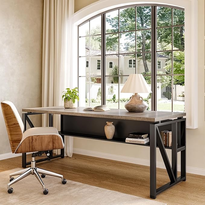 LITTLE TREE 63-Inch Executive Office Desk Large Computer Desk with Storage Shelf Executive Desk with Metal Frame Study Writing Desk Work Station for Home Office Grey + Black