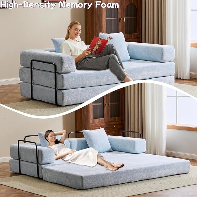 Convertible Floor Sofa Bed Foldable Mattress Cloud Couch with Pillow Back &amp Armrest Chenille Sleeper Sofa Bed with Fixed-Shape Frame Compressed Couch for Living Room Bedroom Light Blue