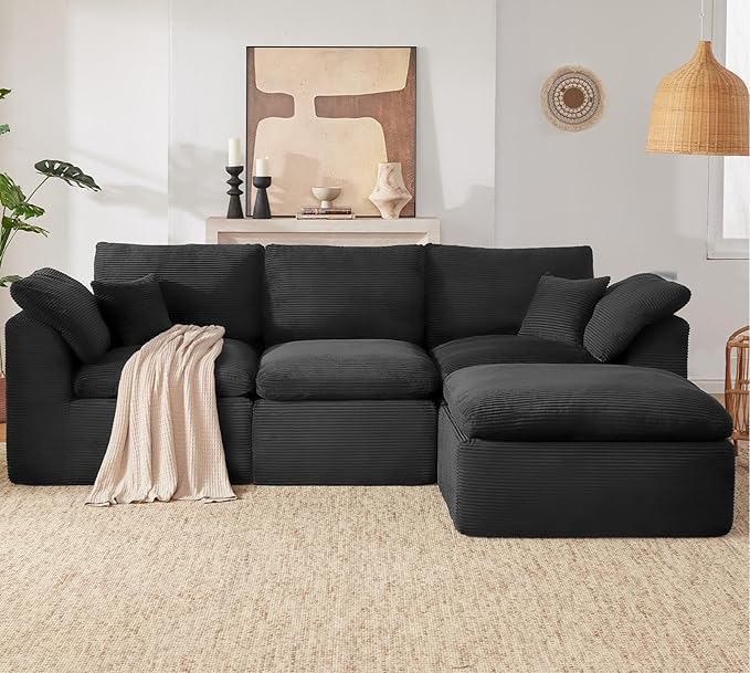 112 Cloud Sectional Couch Boneless Couches for Living Room L Shaped Couch with Convertible Ottoman Modular Sectional Sofa with Deep Seat Comfy Soft Cushions No Assembly Black