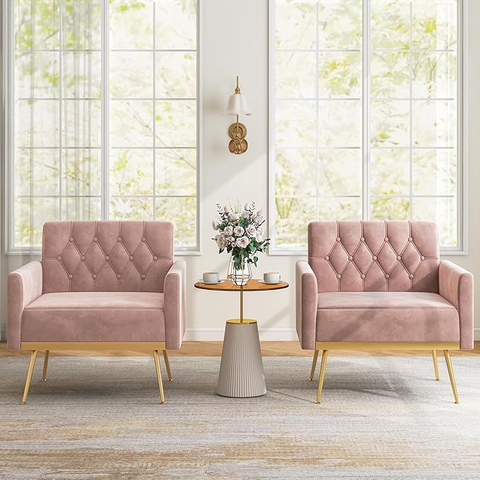 Modern Accent Chairs for Living Room Mid-Century Velvet Upholstered Arm Chair w/Gold Metal Legs Comfy Reading Armchair Tufted Single Sofa Chair Couch for Bedroom Office (2Pink)
