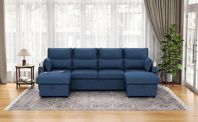 Sectional Sleeper Sofa with Pull Out Couch Bed with Storage Chaise for Living Room Comfy Linen Modular Sectional Sofa with Dual USB &amp Type-C Cup Holders (Blue 105 Inches)