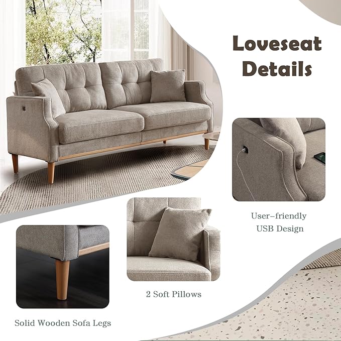 70 Loveseat Sofa Modern Decor Comfy Love Seat Couches with USB Port and Pillow for Living Room Bedroom Apartment