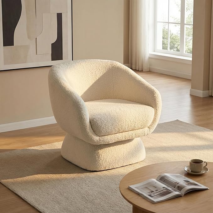 Modern Oversized 360° Boucle Swivel Barrel Chair with ArmrestsComfy Accent Lounge Chair for Living RoomBedroomApartmentSmall SpaceOffice (White)
