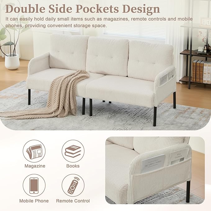 67 3 Seater Modern Couch Sofa Corduroy Fabric Upholstered Sofa for Small Space Living Room Bedroom Apartment Beige