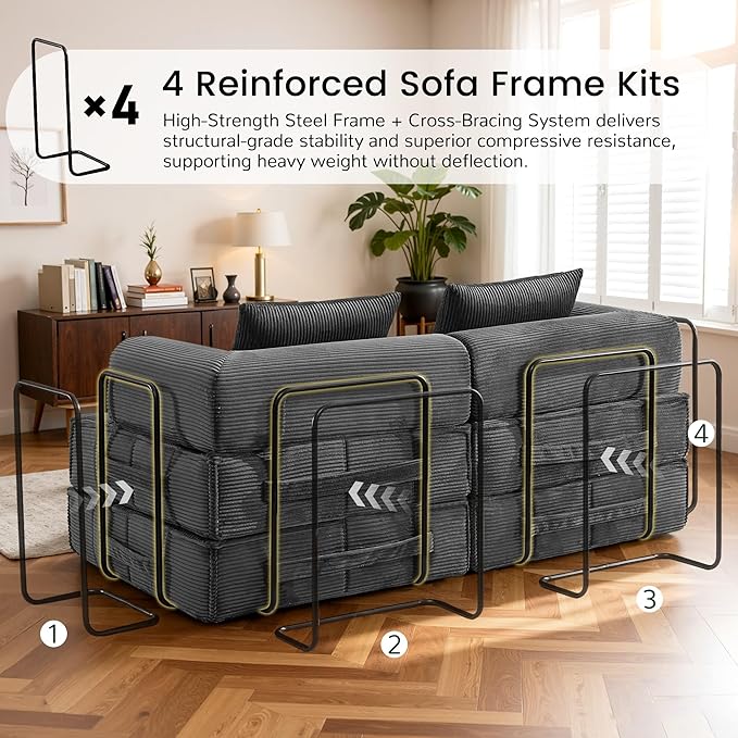 6-in-1 Convertible Sleeper Sofa Bed Corduroy Folding Mattress Couch with Fixed-Shape Frame Modular Foldable Boneless Couch Loveseat Couches with 2 Pillows for Living Room Bedroom Grey