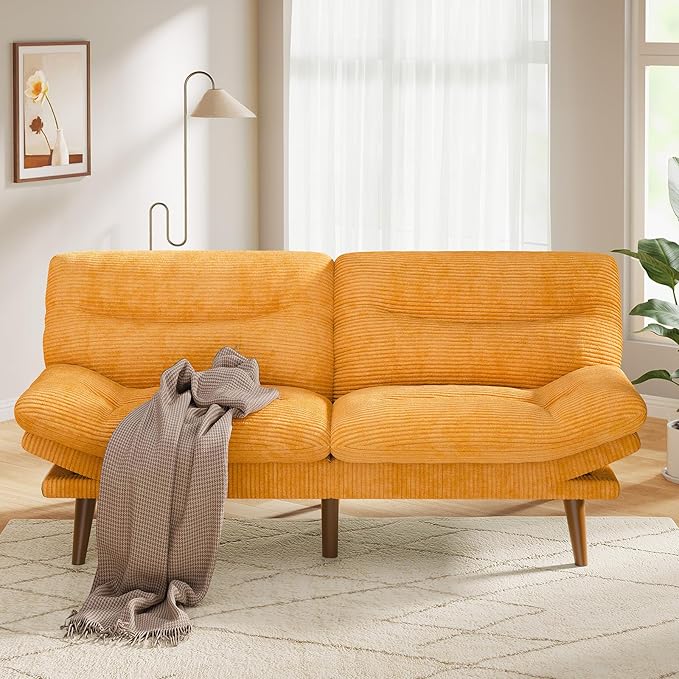 Pipishell Futon Sofa Bed Modern 66 Futon Couch Convertible to Bed &amp Lounger Compact Size Corduroy Loveseat Durable Construction - Fits Small Spaces ApartmentsStudy Room (Yellow 66 Inch) |