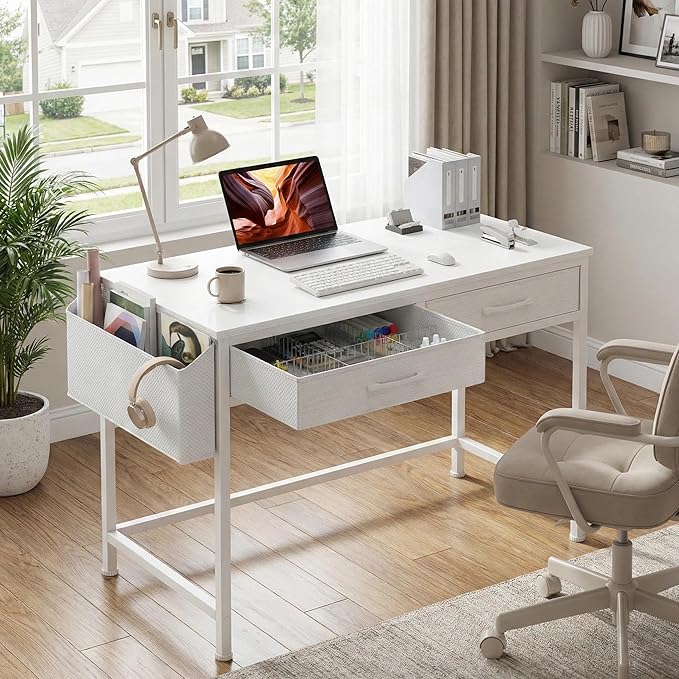 DLisiting White Desk with Storage Drawers - 39 Inch Small Computer Desk with Drawers for Bedroom Home Office Study Writing Vanity Table Without Mirror for Girls Small Spaces
