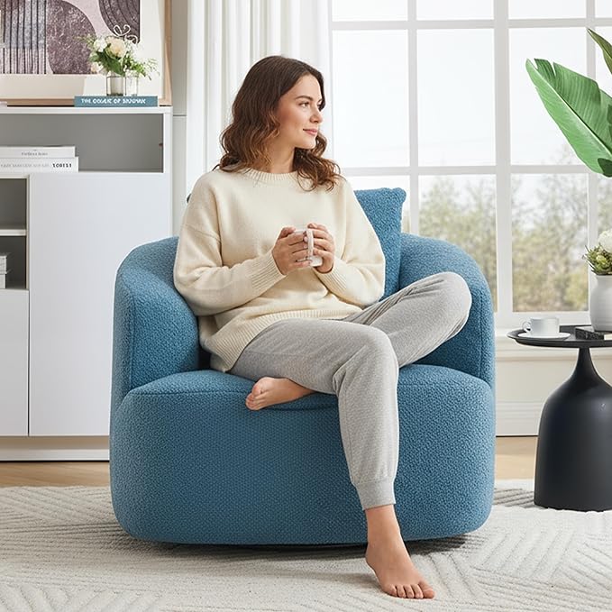 Swivel Accent Chair360° Rotating Barrel ChairTeddy Fleece High-Resilience Sponge Single Sofa Easy Assembly for Living Room Bedroom Apartment Blue