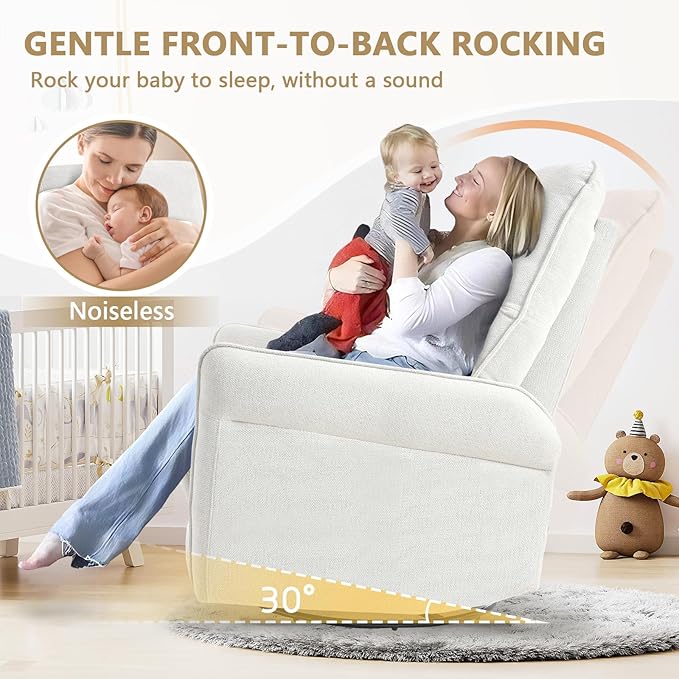cinkehome Swivel Rocker Recliner Glider Rocker Recliner Chair for Nursery Overstuffed Manual Reclining Chair for Small Spaces Living Room Beige Snowflake Fleece