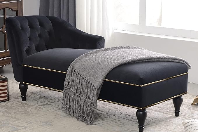 DEINPPA [New+Video] 58''Velvet Chaise LoungeButton Tufted Right Arm Facing Lounge Chair with Nailhead Trim &amp Solid Wood Legs for Living Room or OfficeSleeper Lounge Sofa of WF284880AAB