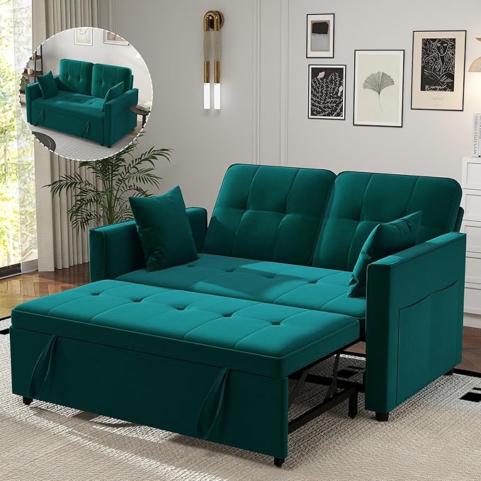 Green Convertible Sofa Bed: 3 in 1 Sleeper Sofa Couch Bed Pull Out Couch with Adjustable Backrest Velvet Convertible Loveseat Sleeper for Living Room (Green)