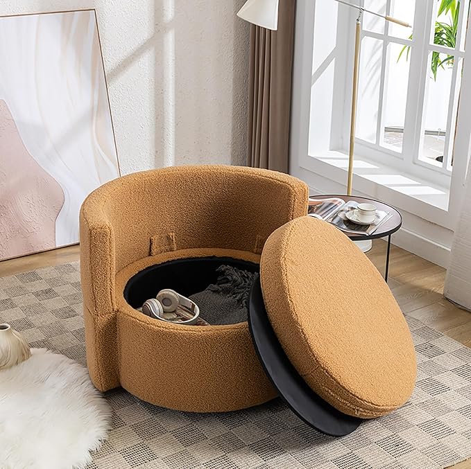 FOXHUNTER Swivel Barrel Chair 360 Degree Oversized Swivel Accent Chair with 3 Pillows Swivel Storage Chair for Nursery Living Room Bedroom 31.5D X 33.9W X 33.86H Inch (Teddy Brown)
