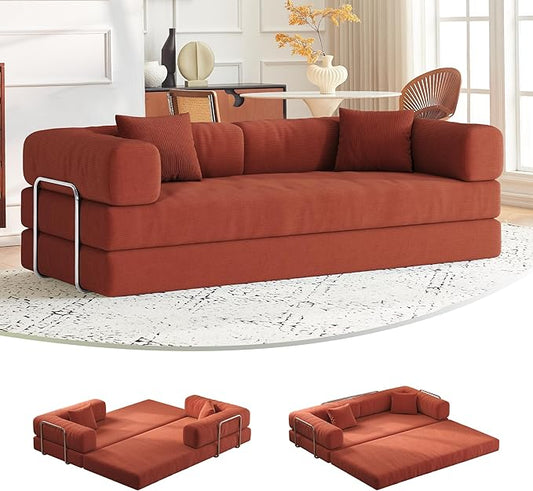 79 Convertible Sofa Bed with Pillows Corduroy Folding Sleeper Sofa with Fixed-Shape Frame Boneless Couch for Living Room Bedroom Floor Sofa Lounge No Assembly Required (A - Style-Orange)