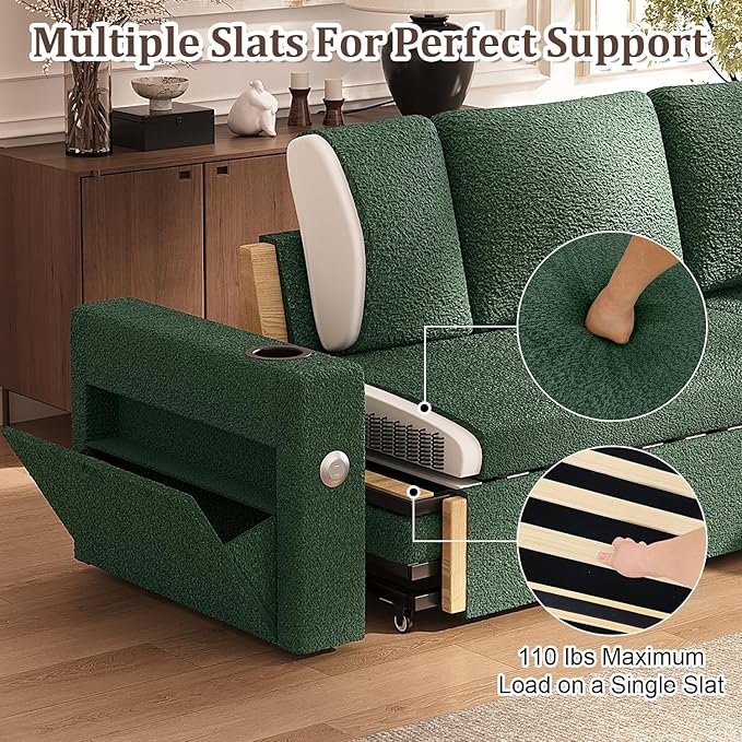 Sleeper Sofa Bed 4-in-1 Pull Out Couch with Reversible Chaise | Dual USB &amp Type-C Charging | Dual Cup Holders | Layered Storage (Armrest + Chaise) for Living Room (Classic Green)
