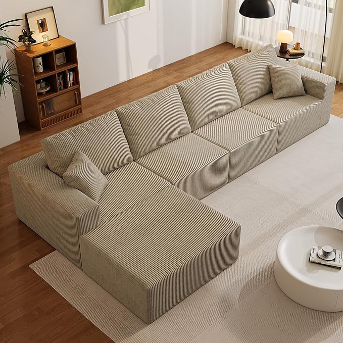 Boneless Cloud Sectional Couch for Living Room Compressed Modular L-Shaped Sofa with Deep Seat Frameless Corduroy Couch in Boxes No Assembly Required Grey Middle