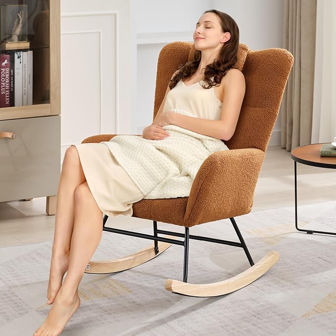Nursery Rocking Chair Upholstered Padded Seat Rocking Chair with High BackrestModern Accent Recliner for Living Room Bedroom Cozy Reading