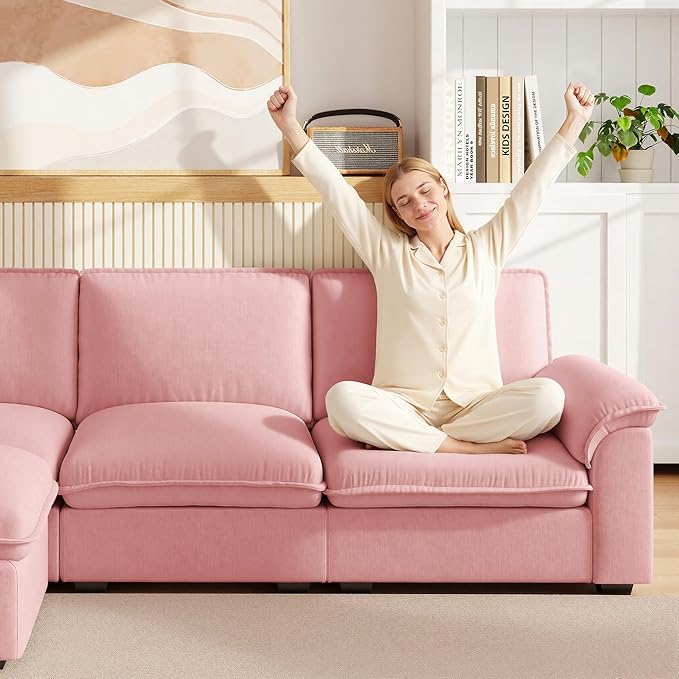 KEIKI 102 3Seat Modular Sectional Velvet Sofa Couch with Chaise Memory Foam for Feminine Retreat Bedroom Studio Style Conscious Glam Seekers Luxurious Elegant Sophisticated Quality Design Pink