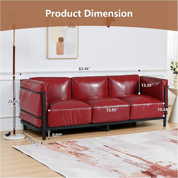 QHITTY 3 Seater Sofa Mid-Century Modern Upholstered Couch Chair Faux Leather Sofa Couch with Iron Frame and Upholstered Armrest Backrest Cushion for Living Room Office Apartment (Burgundy)