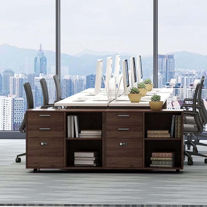 Drawer Wood File Cabinet with Coded Lock Mobile Lateral Filing Cabinet Printer Stand with Open Storage Shelves for Home Office Modern Popular Wood Grain