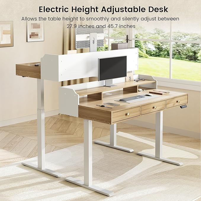 Home Office Standing Desk Set Fluted Cabinet with 3 Drawers and Door 47.2 x 26 Electric Stand Up Table with Storage Rolling Printer Stand on Wheels Mobile Light Walnut