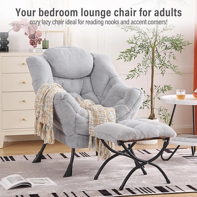 Lazy Chair with Ottoman Modern Accent Chair with Armrests and a Side Pocket Plush Grey Accent Chairs Reading Chairs Oversized Armchairs for Bedroom Study Living Room Courtyard