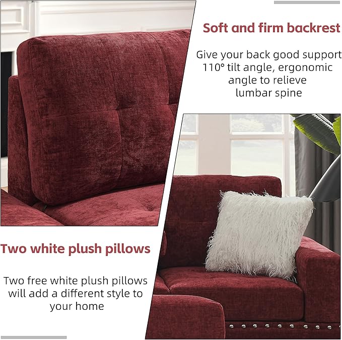 Living Room Furniture Sets L-Shape Sectional 5-Seater Sofa with Extra Wide Reversible Chaise Storage Ottoman and Cup Holders and Copper Nails 2 Pillows Claret