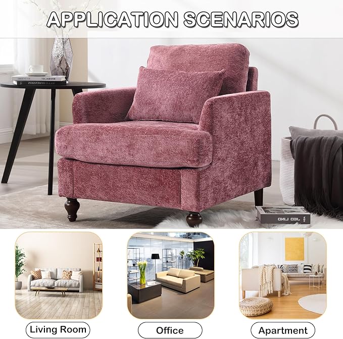 Chenille Sofas Couch for Living Room 29.5’’ Mid Century Modern Single Sofa Chair Small Cloud Couch with Deep Seats Comfy Accent Armchair for Living Room Apartment Bedroom Wine Red