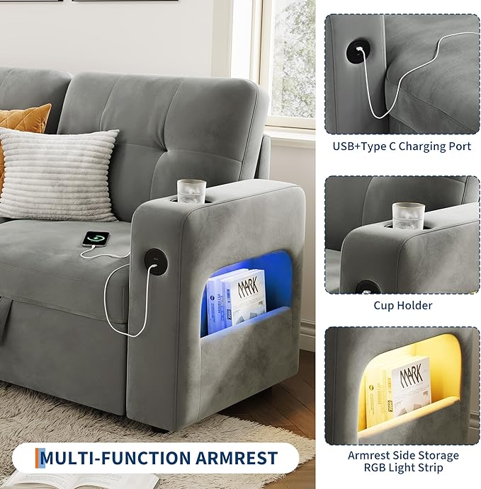IDEALHOUSE 84 Sleeper Sofa with Storage &amp Charging Station Convertible Sectional Couch Bed with LED Lights Reversible Chaise Pull Out Sofa Bed for Living Room Apartment Velvet Light Grey