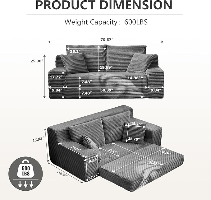 70.9'' Loveseat Sofa 2 Seater Flannel Fabric Loveseat Couches Comfy Upholstered Modern Leisure Love Seat Couch with 2 Pillow Convertible Sofa Bed for Bedroom Office Living Room