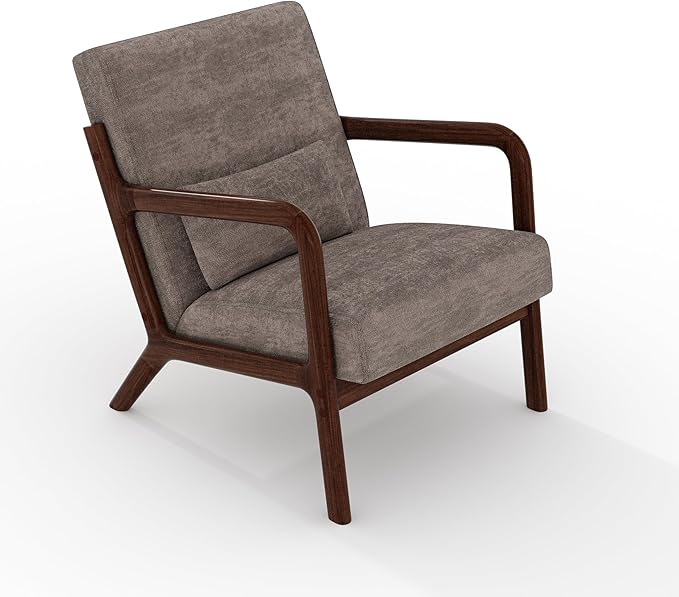 Garvee Mid-Century Modern Accent Chair Chenille Upholstery Solid Wood Armchair with Removable Lumbar Pillow Sturdy Reading Chair for Living Room Bedroom Guest Room Easy Assembly Brown