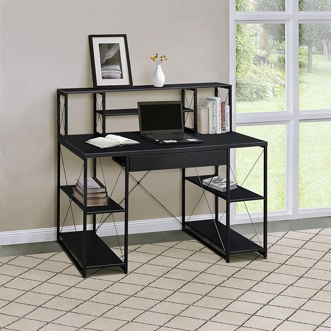 Penau Black Office Desk with Open Shelves and Hutch Writing Desk with Metal Frame Sturdy Surface for Studio Equipment 1 Drawer 8 Open Compartments