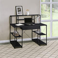 Penau Black Office Desk with Open Shelves and Hutch Writing Desk with Metal Frame Sturdy Surface for Studio Equipment 1 Drawer 8 Open Compartments