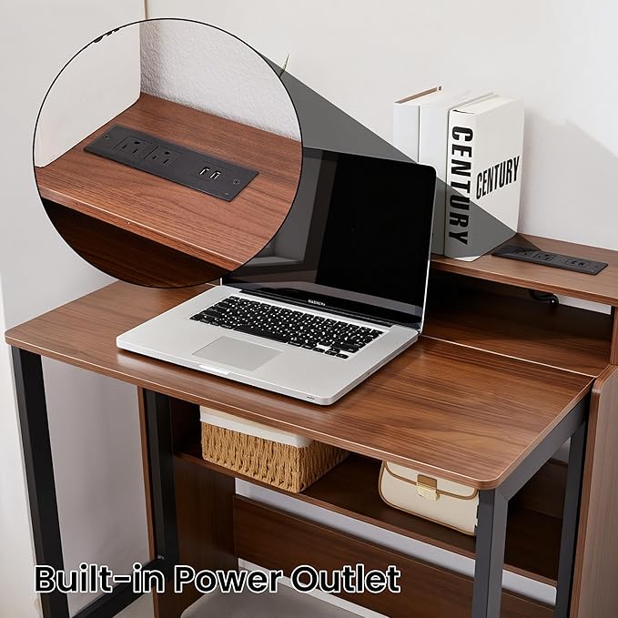 Folding Desk with Charging StationFold Out Desk with Monitor StandStorage ShelfSmall Foldable Computer Desk for Compact Home Office Spaces (Walnut)