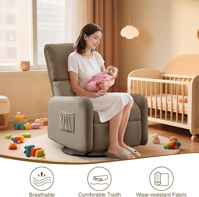 360° Rocking Chair Nursery Rocker Chair with Side Pockets Glider Nursing Chair with Steel Structure Base Small Chair for Small Spaces Sherpa Swivel Accent Chairs for Living Room Nursing