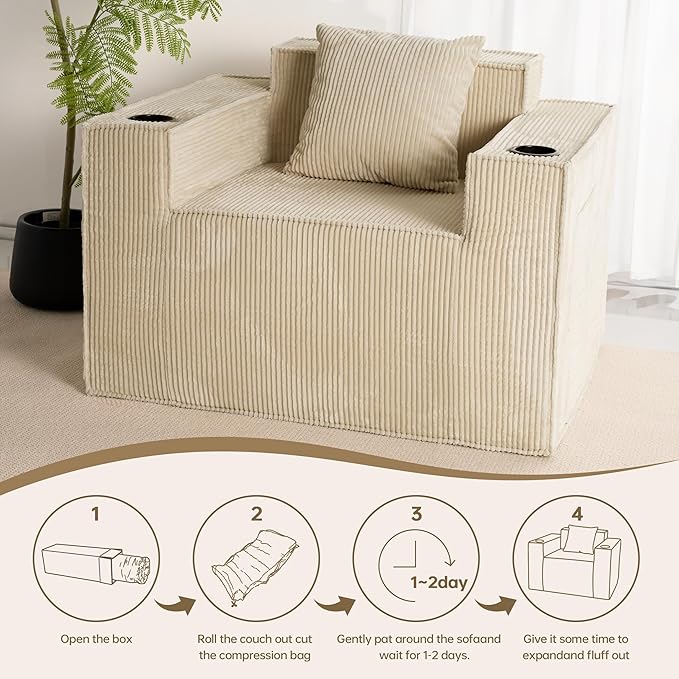 Cloud Single SofaChaise Lounge Chair with Cup Holder &amp Side PocketElevated Seat HeightNo Assembly RequiredBoneless Corduroy Chair for Small SpaceBedroomOffice (Khaki Single Sofa)