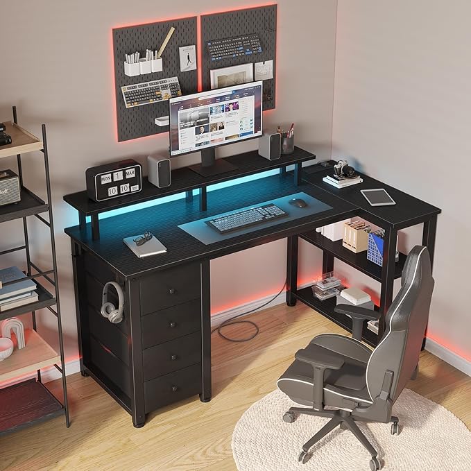 Lufeiya Black L Shaped Desk with Led Lights and Power Outlets 47 Inch Writing Study Computer Gaming Desks with Fabric Drawers for Bedroom Home Office Corner Desk with Monitor Stand Shelves Black